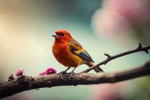 ein bunt Vogel sitzt auf ein Ast mit Rosa Blumen. KI-generiert foto