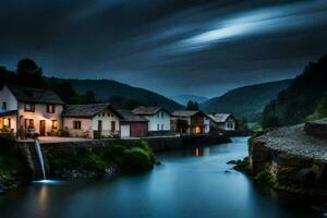 ein Fluss läuft durch ein Dorf beim Nacht. KI-generiert foto