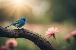 ein Blau Vogel sitzt auf ein Ast im Vorderseite von Blumen. KI-generiert foto