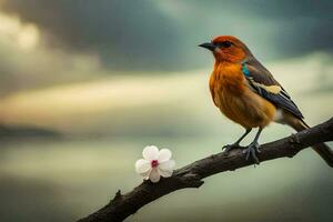 ein Vogel sitzt auf ein Ast mit ein Blume. KI-generiert foto