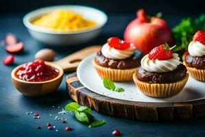 Cupcakes mit Sahne Käse Glasur und Erdbeeren. KI-generiert foto