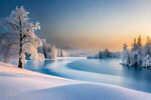 ein schneebedeckt Landschaft mit Bäume und ein Fluss. KI-generiert foto