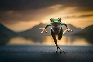 ein Frosch Springen auf das Boden mit ein Sonnenuntergang im das Hintergrund. KI-generiert foto