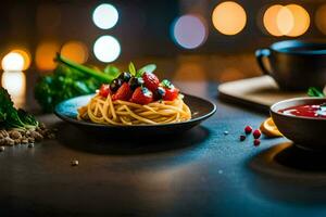 Spaghetti mit Tomate Soße und Gemüse auf ein schwarz Platte. KI-generiert foto