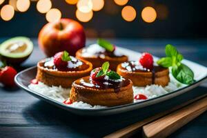 drei Mini Kuchen mit Beeren und Äpfel auf ein Platte. KI-generiert foto