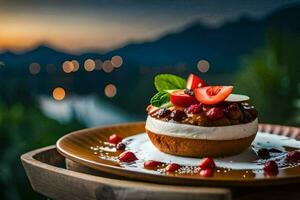 ein Dessert mit Beeren und Sahne auf ein hölzern Platte. KI-generiert foto