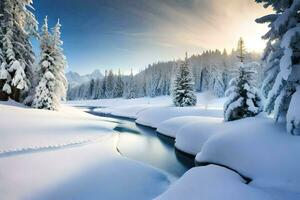 ein Fluss läuft durch ein schneebedeckt Wald. KI-generiert foto