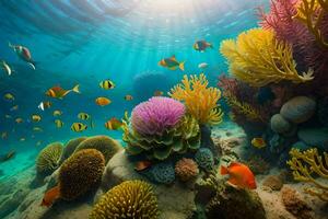 ein unter Wasser Szene mit bunt Korallen und Fisch. KI-generiert foto