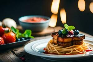 ein Teller von Spaghetti mit Fleisch und Beeren. KI-generiert foto