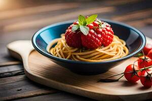 Spaghetti mit Erdbeeren und Tomaten auf ein hölzern Tisch. KI-generiert foto