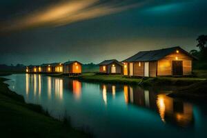 Foto Hintergrund das Himmel, Nacht, Wolken, Wasser, das Fluss, das See, das Haus. KI-generiert