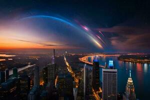 das Stadt Horizont beim Nacht mit ein Regenbogen. KI-generiert foto