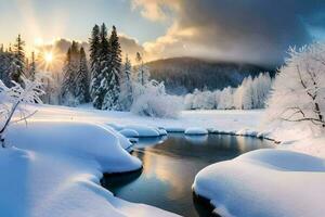 ein Fluss im das Schnee. KI-generiert foto