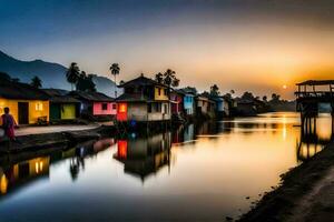 ein Fluss im das Mitte von ein Dorf beim Sonnenuntergang. KI-generiert foto