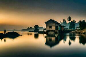 ein Haus auf das Wasser beim Sonnenuntergang mit ein nebelig Himmel. KI-generiert foto