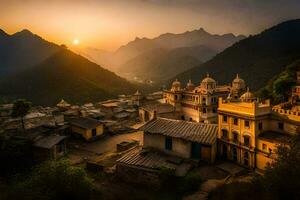Sonnenuntergang Über das Dorf von Kasol, Indien. KI-generiert foto