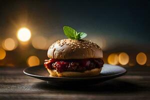 Hamburger auf ein Teller mit Sesam Saat und Minze Blätter. KI-generiert foto