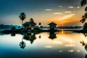 ein schön Sonnenaufgang Über ein See mit Palme Bäume. KI-generiert foto