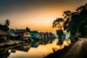 ein Fluss läuft durch ein Dorf beim Sonnenuntergang. KI-generiert foto