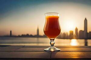 ein Glas von Orange Saft auf ein Tabelle im Vorderseite von ein Stadt Horizont. KI-generiert foto