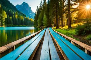 ein hölzern Brücke führt zu ein See und Berge. KI-generiert foto