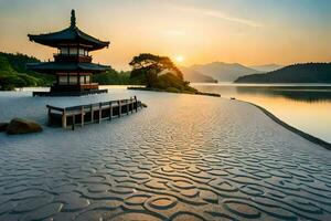 das Sonne setzt Über ein Pagode im Japan. KI-generiert foto