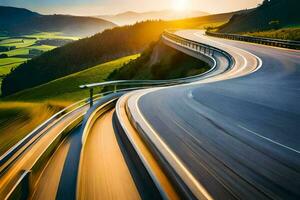 ein Autobahn mit ein Kurve beim Sonnenuntergang. KI-generiert foto