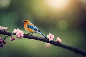 Foto Hintergrund das Sonne, Vogel, Frühling, das Baum, Blumen, das Vogel, das Vogel. KI-generiert