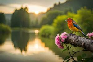 ein bunt Vogel sitzt auf ein Ast in der Nähe von ein See. KI-generiert foto