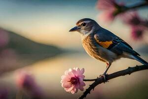ein Vogel sitzt auf ein Ast mit Blumen im das Hintergrund. KI-generiert foto