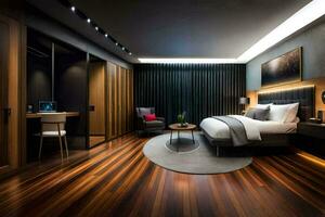 ein modern Schlafzimmer mit Holz Böden und ein Bett. KI-generiert foto