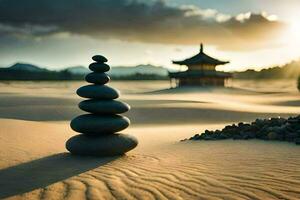 ein Stapel von Felsen im das Sand mit ein Pagode im das Hintergrund. KI-generiert foto