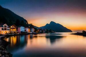 ein schön Sonnenuntergang Über ein See und Berg Bereich. KI-generiert foto