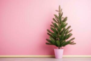 ai generiert. Grün Weihnachten Baum auf Rosa Mauer minimalistisch Hintergrund mit Kopieren Raum. foto