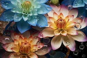 schön Lotus Blume mit Tropfen von Wasser auf das Blütenblätter. ai generiert. Profi Foto