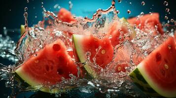 frisch Stücke von Wasser Melone fallen im Wasser mit Spritzen. ai generativ foto