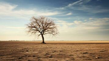 ein tot Baum ist ein Stark Kontrast zu das verwüsten Wüste im diese szenisch Hintergrund. ai generativ foto