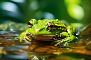 ein Nahansicht von ein Grün Frosch Sitzung auf ein Felsen im Wasser. ai generativ foto