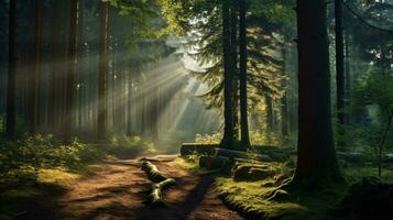 ein friedlich Wald Clearing mit Sonnenstrahlen leuchtenden durch. ai generativ foto