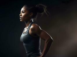 ai generiert ein Seite Profil und Hälfte Körper Fotografie von ein weiblich Laufen Athlet auf schwarz Hintergrund. Läufer Konzept mit Kopieren Raum. foto