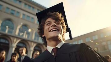 ai generiert Teenager hoch Schule Junge im Abschluss Deckel und Kleid auf seine Abschluss Tag Universität. Bildung und Personen. foto