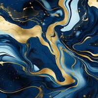 ai generiert Marmor Kunst Gemälde Blau und Gold abstrakt Flüssigkeit Farbe Muster. Marmorierung Hintergrund Design mit natürlich Luxus Stil wirbelt. foto