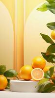 ai generiert leeren Podium auf Licht architektonisch Hintergrund umgeben durch Orange Zitrone. abstrakt Hintergrund mit minimalistisch Stil zum Produkt Marke Präsentation. foto