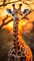 ein majestätisch Giraffe Stehen hoch gegen das Hintergrund von das afrikanisch Savanne, ai generativ foto