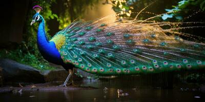 ein schön Pfau zeigen aus es ist schön Gefieder, ai generativ foto