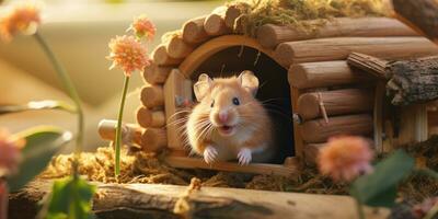 ein süß Hamster im Miniatur Holz Haus, ai generativ foto