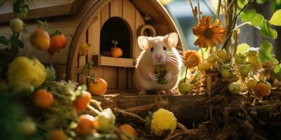 ein süß Hamster im Miniatur Holz Haus, ai generativ foto