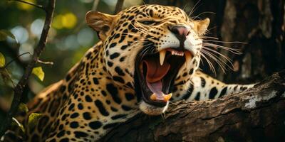 großartig Jaguar ruhen auf ein Baum Kofferraum mit öffnen Mund ai generativ foto
