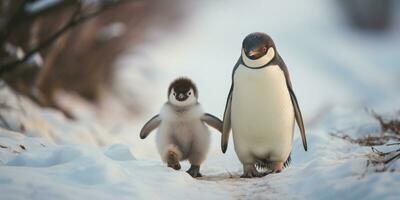 Baby Pinguin und seine Mutter Gehen im das Schnee, ai generativ foto