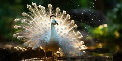 ein schön Weiß Pfau zeigen aus es ist schön Gefieder, ai generativ foto